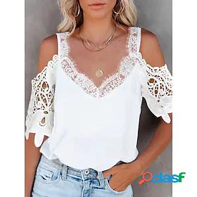 Womens T shirt Tee Plain V Neck Lace Cold Shoulder Basic