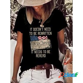 Womens T shirt Text American Flag Round Neck Print Basic