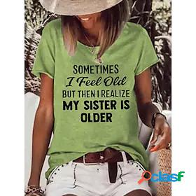 Womens T shirt Text Round Neck Print Basic Tops Green Blue