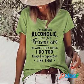 Womens T shirt Text Round Neck Print Basic Tops Green White