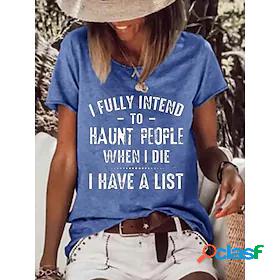 Womens T shirt Text Round Neck Print Basic Tops Green White