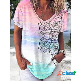 Womens T shirt Tribal V Neck Patchwork Print Basic Tops