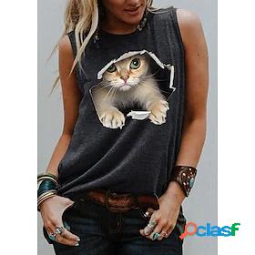 Womens Tank Top 3D Cat Cat Graphic Animal Round Neck Print