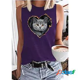 Womens Tank Top 3D Cat Cat Graphic Heart Round Neck Print