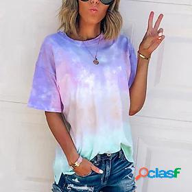 Womens Tie Dye Round Neck Casual Tops Green Blue Purple / 3D