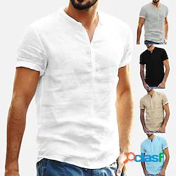 camicie di lino da uomo casual manica corta henley cotone