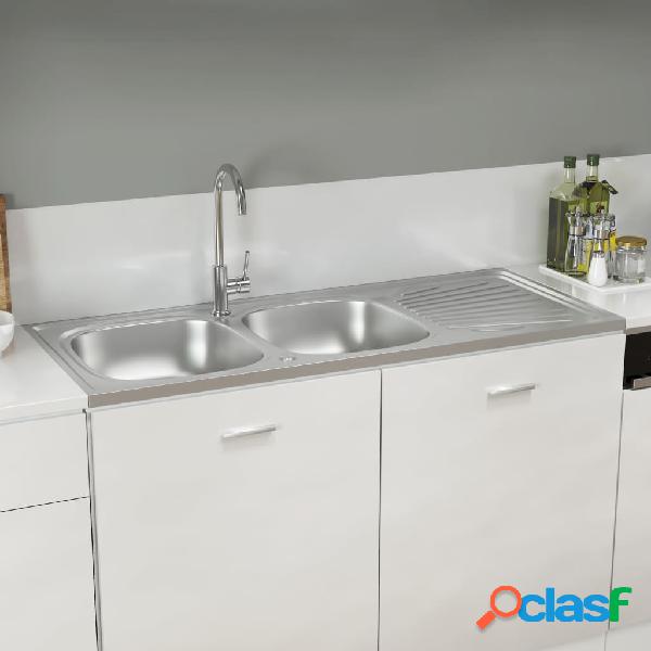 vidaXL Lavello Cucina Doppia Vasca Argento 1200x600x155 mm