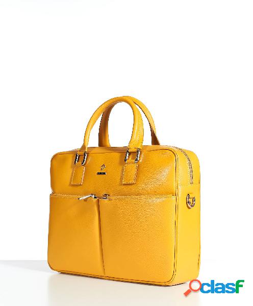 Borsa Ventiquattrore In Pelle Di Vitello Ocra Saffiano Con