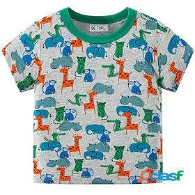 Kids Boys T shirt Short Sleeve Gray Cartoon Elephant Giraffe