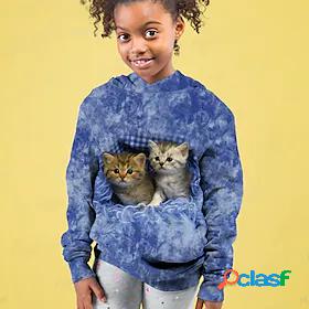 Kids Girls Hoodie Long Sleeve Blue 3D Print Cat Active 4-12
