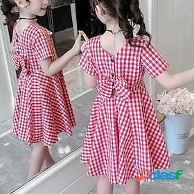 Kids Little Girls Dress Plaid Black Red Backless Ruched