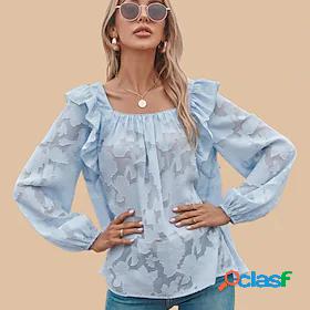 LITB Basic Women's Tansparent Ruffle Sleeve Shirt Solid