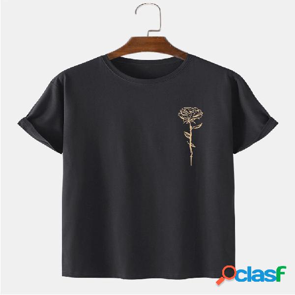 Mens Rose Print Crew Collo T-shirt casual a maniche corte in