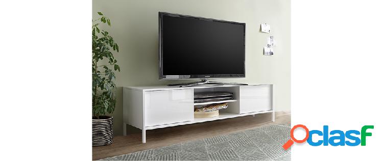 Mobile TV con ripiani bianco laccato e base metallo bianco