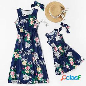 Mommy and Me Cotton Dress Floral Print Blue Midi Sleeveless