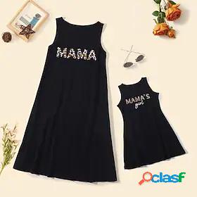 Mommy and Me Cotton Dresses Daily Leopard Letter Print Black
