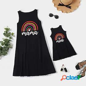 Mommy and Me Cotton Dresses Daily Rainbow Letter Print Black