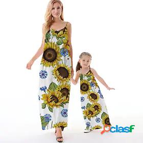 Mommy and Me Dresses Causal Sunflower Backless Yellow Maxi