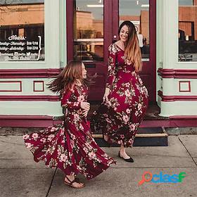Mommy and Me Dresses Daily Floral Print Red Maxi Long Sleeve