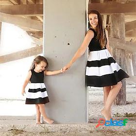 Mommy and Me Dresses Daily Wear Solid Color Patchwork Black