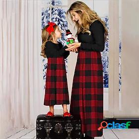 Mommy and Me Dresses Plaid Patchwork Green Red Maxi Long