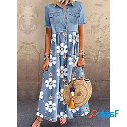 Per donna Abito camicia di jeans Vestito maxi Blu Manica