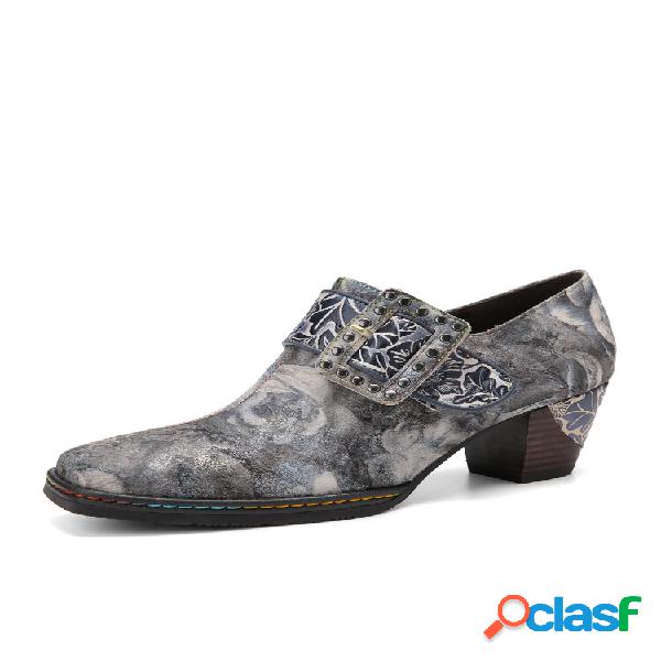 Socofy Donna Retro Pelle Stampa Floreale Punta Quadrata