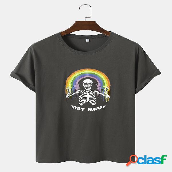 T-shirt da uomo in cotone divertente con teschio arcobaleno