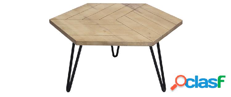Tavolino basso esagonale inciso in mango e metallo nero