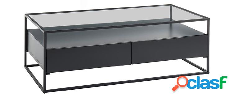Tavolino di design con piano in vetro e cassetti neri - FINN