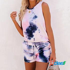 Women's Basic Cinched Tie Dye Home Vacation Two Piece Set