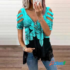 Women's Blouse Eyelet top Floral Tie Dye Zipper V Neck Basic