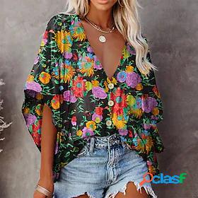 Women's Blouse Floral V Neck Print Casual Vintage Tops Green