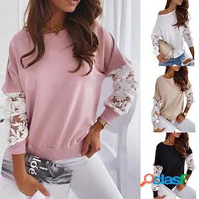 Womens Blouse Hole Basic Lace Round Neck Spring Fall Regular