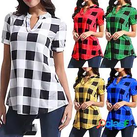 Womens Blouse Shirt Color Block Basic Check Grid Pattern