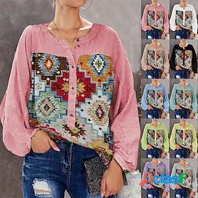 Women's Blouse Shirt Color Block Button Tropical Multi Color