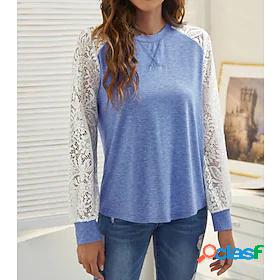 Womens Blouse Shirt Color Block Round Neck Lace Patchwork