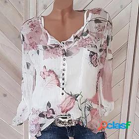 Womens Blouse Shirt Long Sleeve Floral Flower V Neck Button