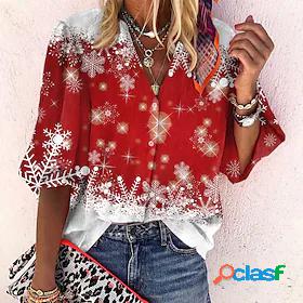 Womens Blouse Shirt Snowflake Standing Collar Button Print