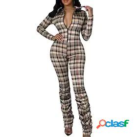 Womens Catsuit Plaid Zipper Active Shirt Collar Sport Casual