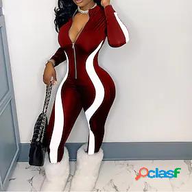 Womens Catsuit Striped Zipper Active Stand Collar Sport