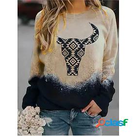 Womens Color Block Cow Brown Sweatshirt Pullover Print Daily