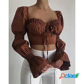 Womens Crop Top Blouse Shirt Plain Square Neck Lace up