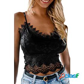 Womens Crop Top Tank Top Plain V Neck Lace Casual Streetwear