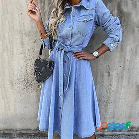 Womens Denim Dress Midi Dress Light Blue Long Sleeve Solid