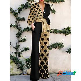 Women's Jumpsuit Print Lace up Patchwork Elegant V Neck