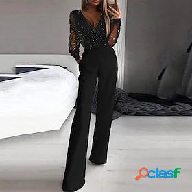 Women's Jumpsuit Solid Color Mesh Sequin Elegant V Neck