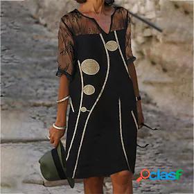Womens Knee Length Dress A Line Dress Black Long Sleeve Mesh