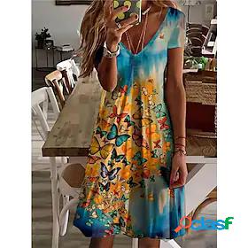 Womens Knee Length Dress A Line Dress Blue Short Sleeve