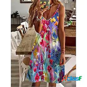 Womens Knee Length Dress A Line Dress Rainbow Sleeveless